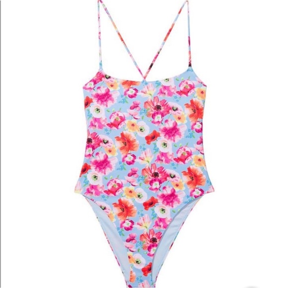 VICTORIAS SECRET ONE PIECE STRAPPY SWIM SUIT BLUE FLORAL SIZE XL Open Back - Picture 4 of 9